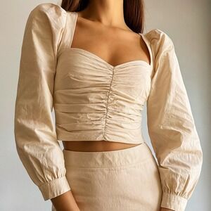 NWT Sunday Best‎ Cream Ruched Sweetheart Long Sleeve Crop Top Sz 10
